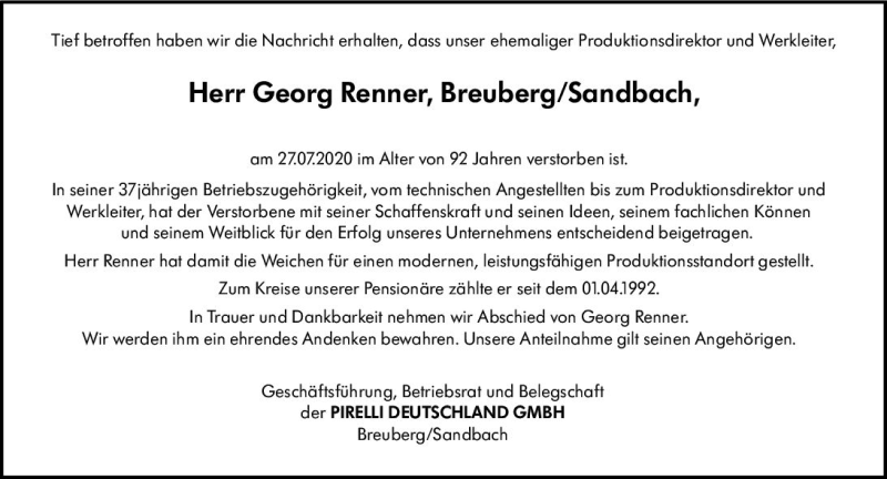  Traueranzeige für Georg Renner vom 07.08.2020 aus vrm-trauer