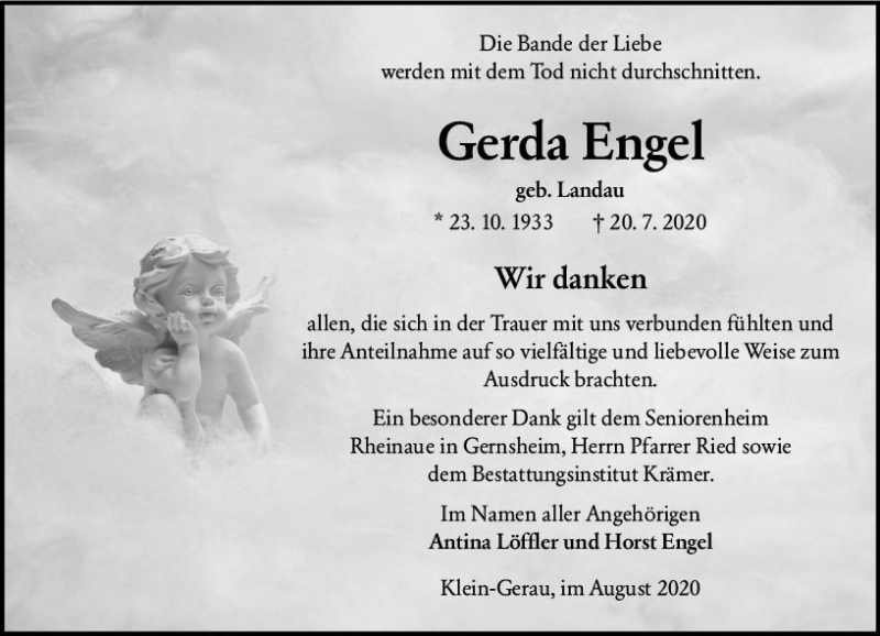  Traueranzeige für Gerda Engel vom 29.08.2020 aus vrm-trauer