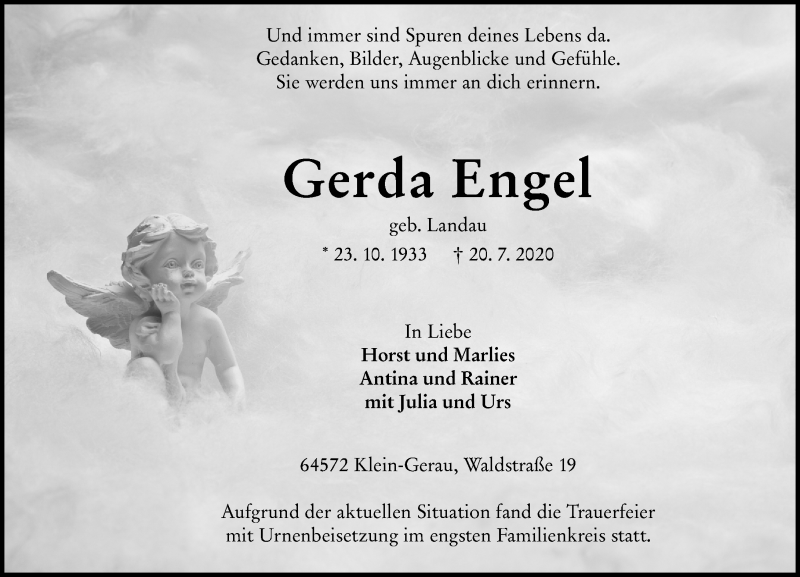  Traueranzeige für Gerda Engel vom 08.08.2020 aus vrm-trauer