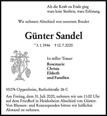 Traueranzeige von Günter Sandel von vrm-trauer