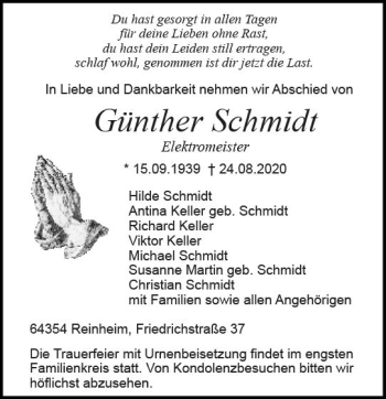Traueranzeige von Günther Schmidt von vrm-trauer