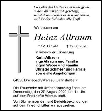 Traueranzeige von Heinz Allraum von vrm-trauer