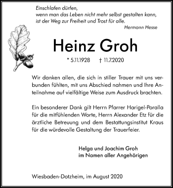 Traueranzeige von Heinz Groh von vrm-trauer