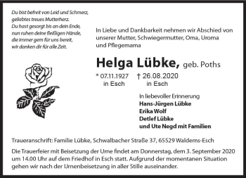 Traueranzeige von Helga Lübke von vrm-trauer