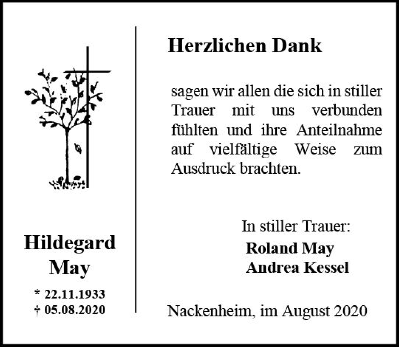  Traueranzeige für Hildegard May vom 22.08.2020 aus vrm-trauer
