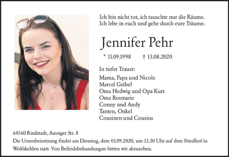  Traueranzeige für Jennifer Pehr vom 29.08.2020 aus vrm-trauer