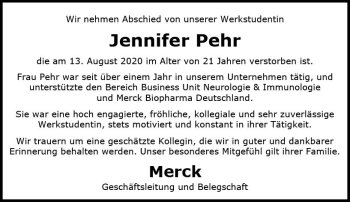 Traueranzeige von Jennifer Pehr von vrm-trauer