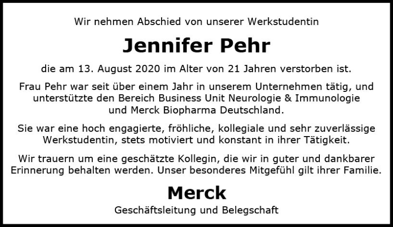  Traueranzeige für Jennifer Pehr vom 29.08.2020 aus vrm-trauer