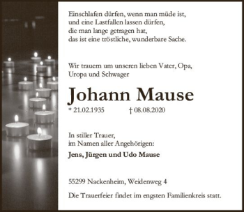 Traueranzeige von Johann Mause von vrm-trauer