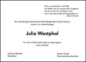 Traueranzeige von Julia Westphal von vrm-trauer