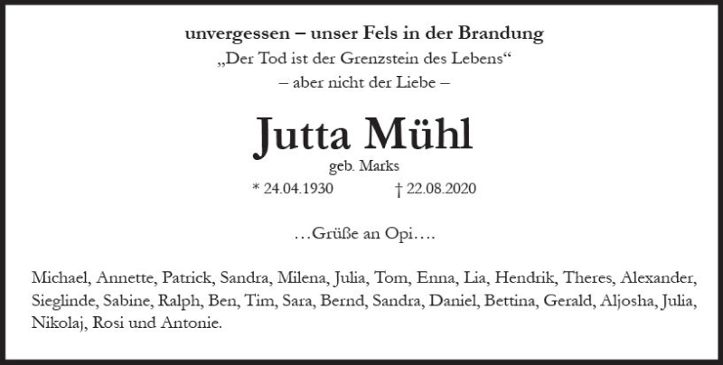  Traueranzeige für Jutta Mühl vom 29.08.2020 aus vrm-trauer