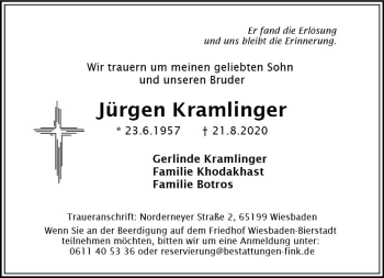 Traueranzeige von Jürgen Kramlinger von vrm-trauer