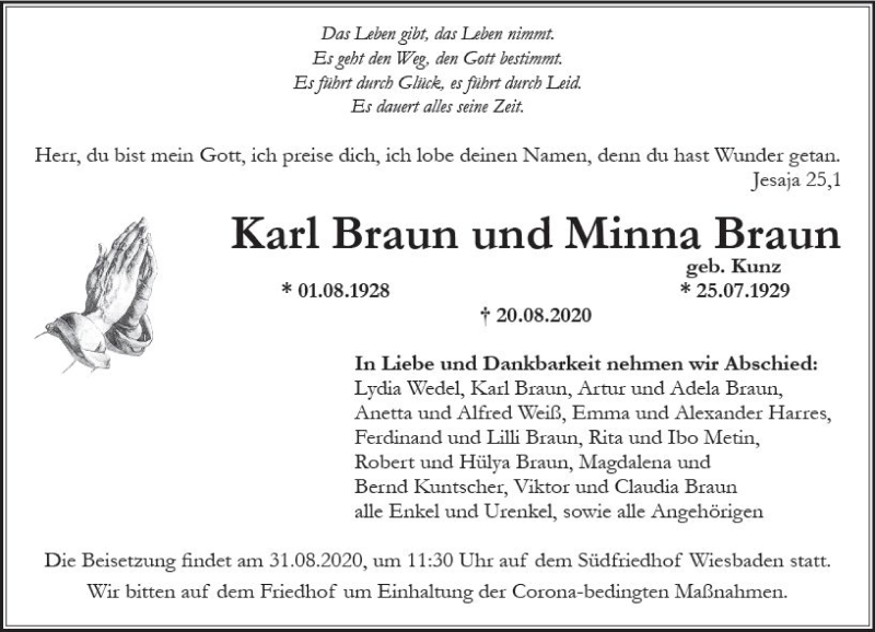  Traueranzeige für Karl Braun vom 26.08.2020 aus vrm-trauer
