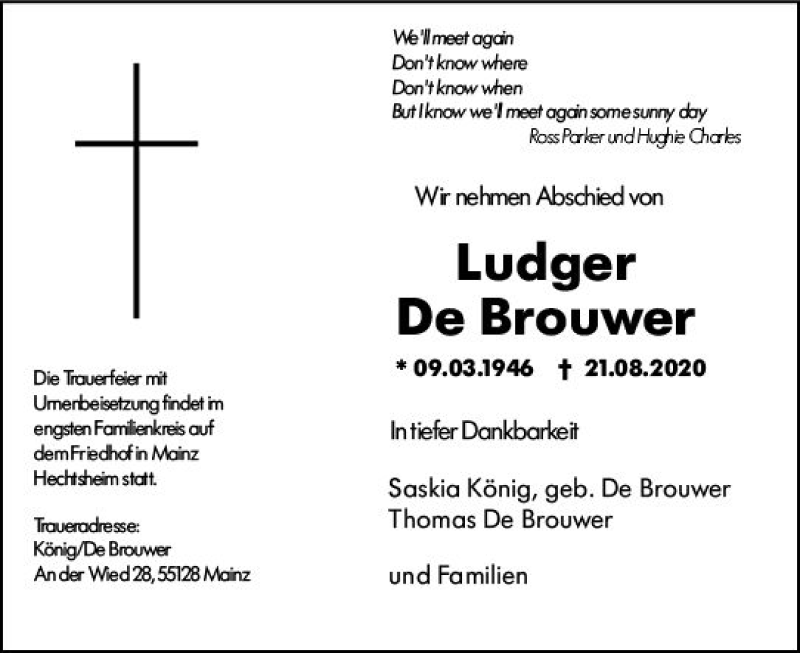 Traueranzeige für Ludger De Brouwer vom 29.08.2020 aus vrm-trauer