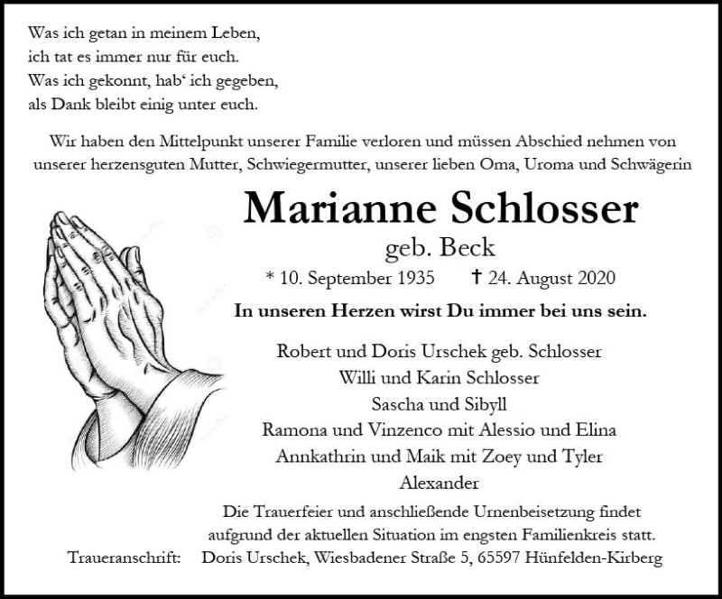  Traueranzeige für Marianne Schlosser vom 29.08.2020 aus vrm-trauer
