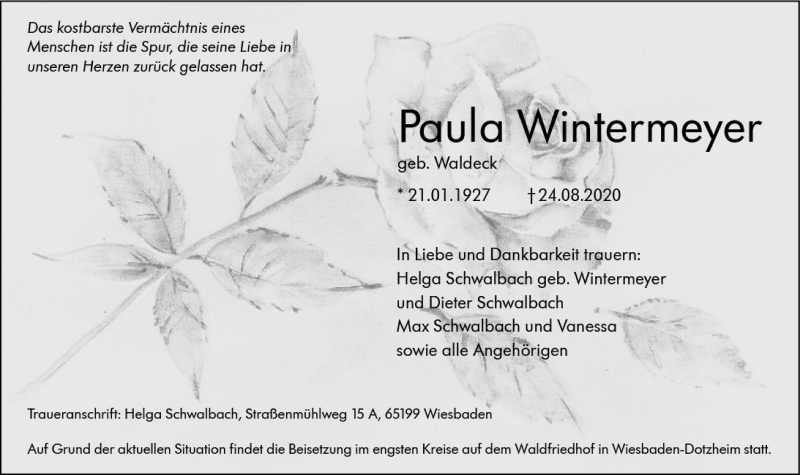 Traueranzeige für Paula Wintermeyer vom 29.08.2020 aus vrm-trauer