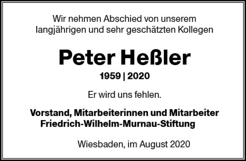  Traueranzeige für Peter Heßler vom 12.08.2020 aus vrm-trauer