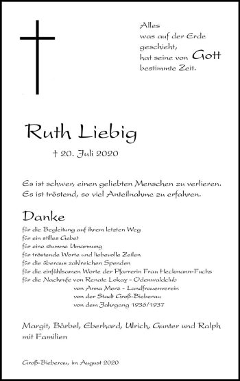 Traueranzeige von Ruth Liebig von vrm-trauer