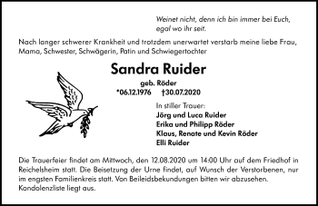 Traueranzeige von Sandra Ruider von vrm-trauer