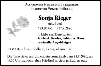Traueranzeige von Sonja Rieger von vrm-trauer