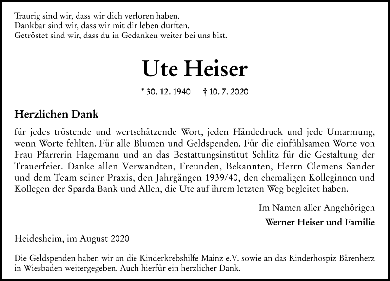  Traueranzeige für Ute Heiser vom 08.08.2020 aus vrm-trauer
