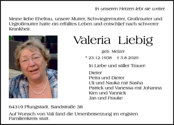 Traueranzeige von Valeria Liebig von vrm-trauer