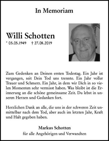 Traueranzeige von Willi Schotten von vrm-trauer