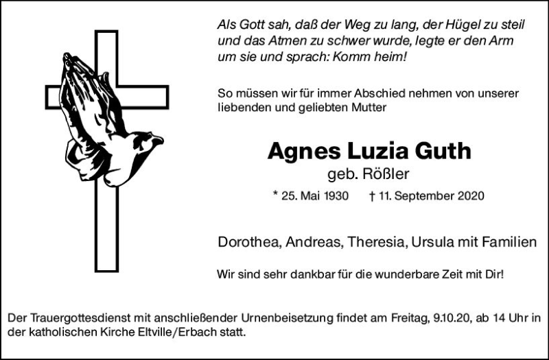  Traueranzeige für Agnes Luzia guth vom 26.09.2020 aus vrm-trauer
