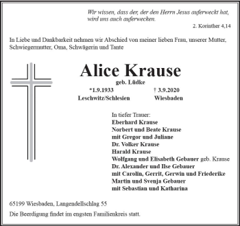 Traueranzeige von Alice Krause von vrm-trauer