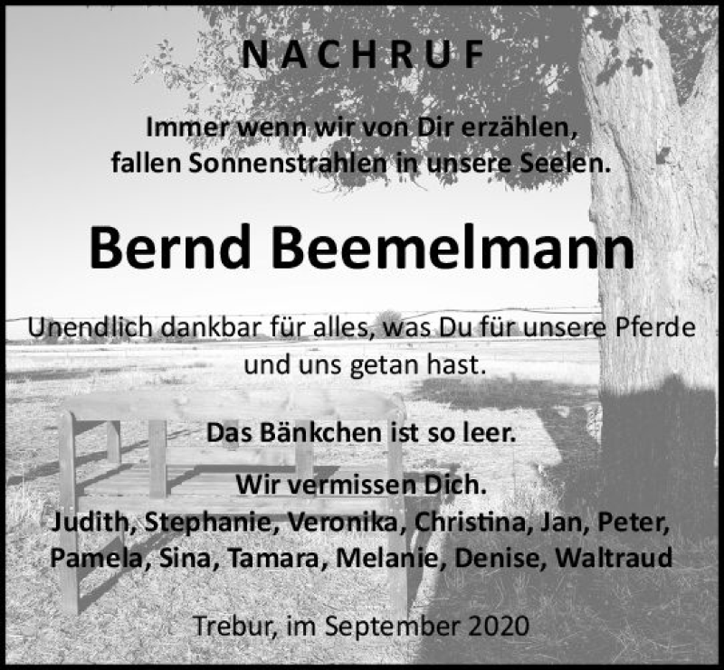  Traueranzeige für Bernd Beemelmann vom 26.09.2020 aus vrm-trauer