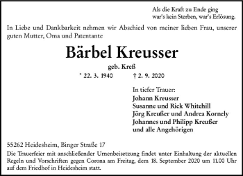 Traueranzeige von Bärbel Kreusser von vrm-trauer