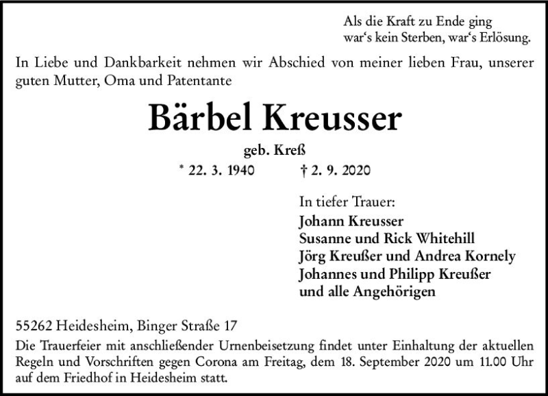  Traueranzeige für Bärbel Kreusser vom 12.09.2020 aus vrm-trauer