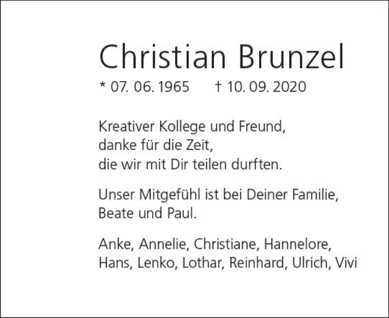  Traueranzeige für Christian Brunzel vom 19.09.2020 aus vrm-trauer