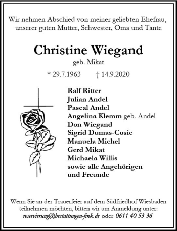 Traueranzeige von Christine Wiegand von vrm-trauer