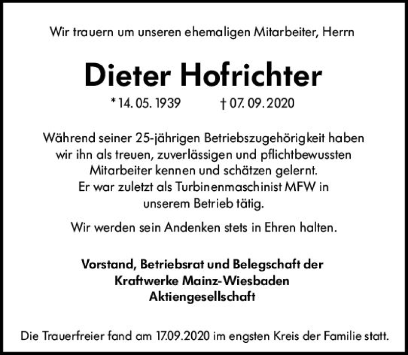  Traueranzeige für Dieter Hofrichter vom 19.09.2020 aus vrm-trauer