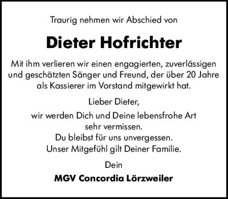  Traueranzeige für Dieter Hofrichter vom 12.09.2020 aus vrm-trauer