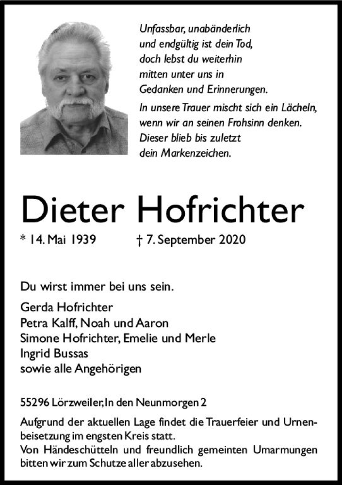  Traueranzeige für Dieter Hofrichter vom 12.09.2020 aus vrm-trauer