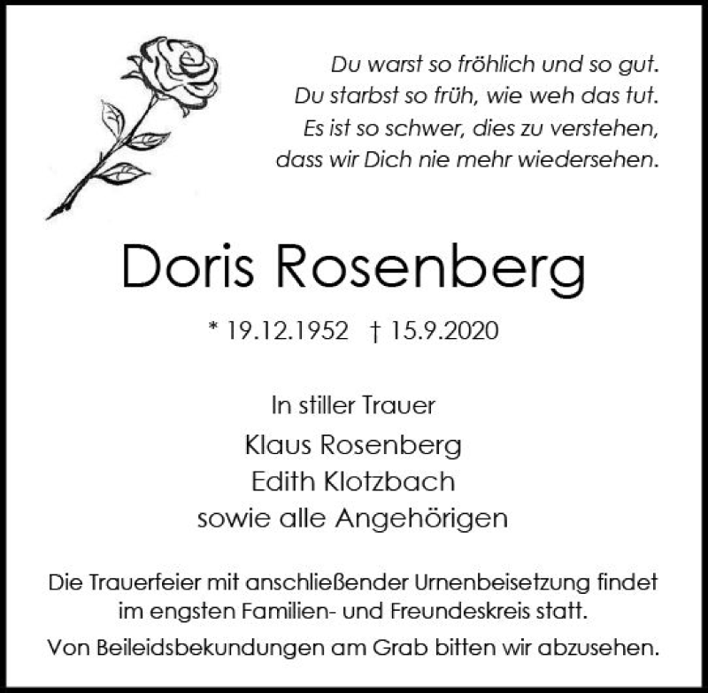 Traueranzeige für Doris Rosenberg vom 26.09.2020 aus vrm-trauer