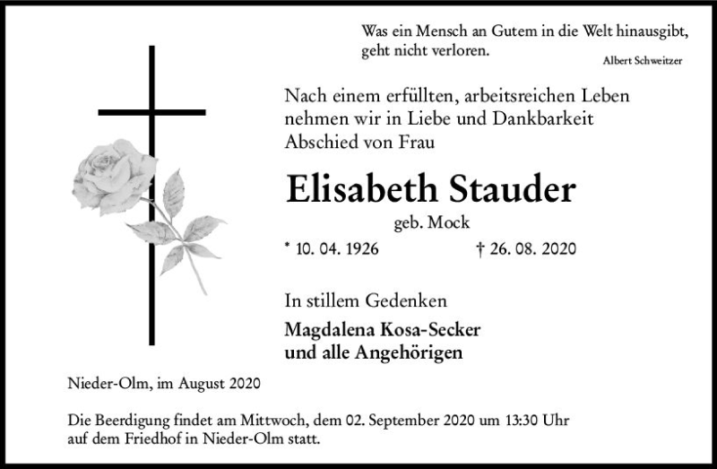  Traueranzeige für Elisabeth Stauder vom 01.09.2020 aus vrm-trauer