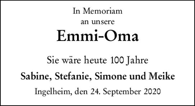  Traueranzeige für Emmi-Oma  vom 24.09.2020 aus vrm-trauer