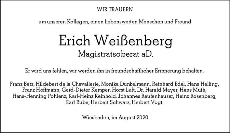  Traueranzeige für Erich Weißenberg vom 05.09.2020 aus vrm-trauer