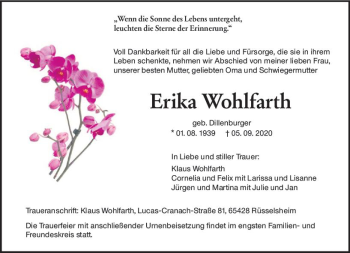 Traueranzeige von Erika Wohlfarth von vrm-trauer