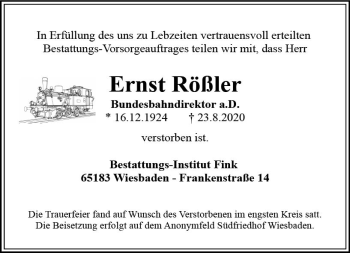 Traueranzeige von Ernst Rößler von vrm-trauer