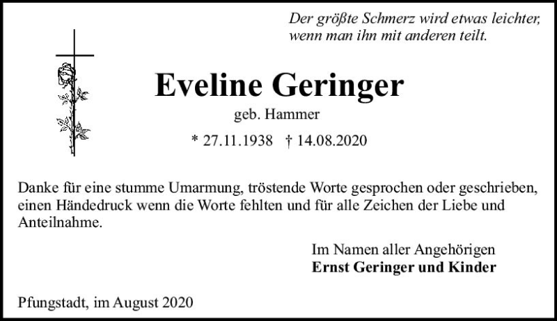  Traueranzeige für Eveline Geringer vom 12.09.2020 aus vrm-trauer