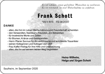 Traueranzeige von Frank Schott von vrm-trauer