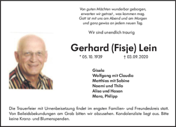 Traueranzeige von Gerhard  Lein von vrm-trauer