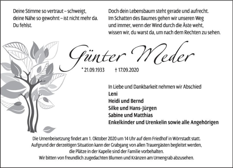  Traueranzeige für Günter Meder vom 26.09.2020 aus vrm-trauer