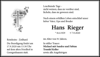 Traueranzeige von Hans Rieger von vrm-trauer