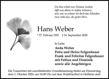 Traueranzeige von Hans Weber von vrm-trauer
