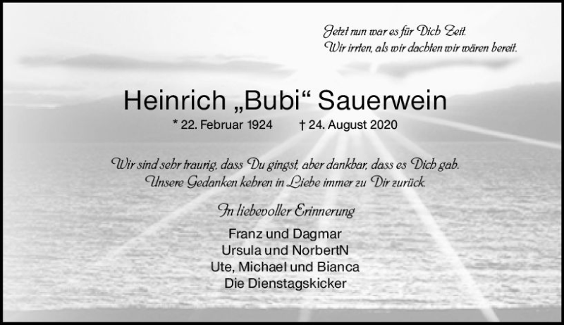  Traueranzeige für Heinrich Sauerwein vom 05.09.2020 aus vrm-trauer